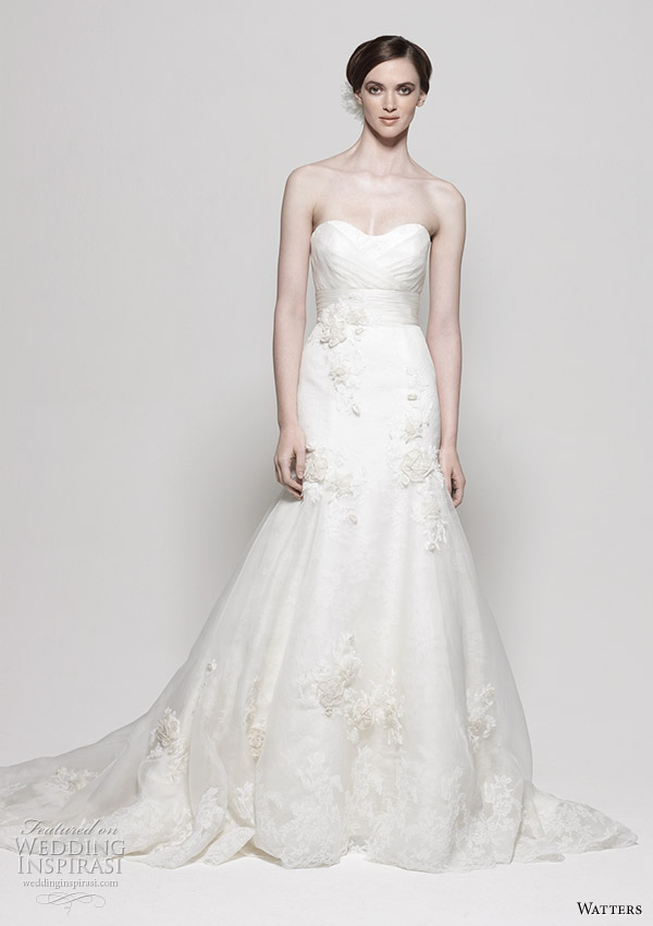 Watters 2011 Spring/Summer wedding dress collection - Sonara Ivory Washed Silk Organza strapless gown with sculpted neckline, full a-line skirt and flower/lace embellishments. Chapel Train. 