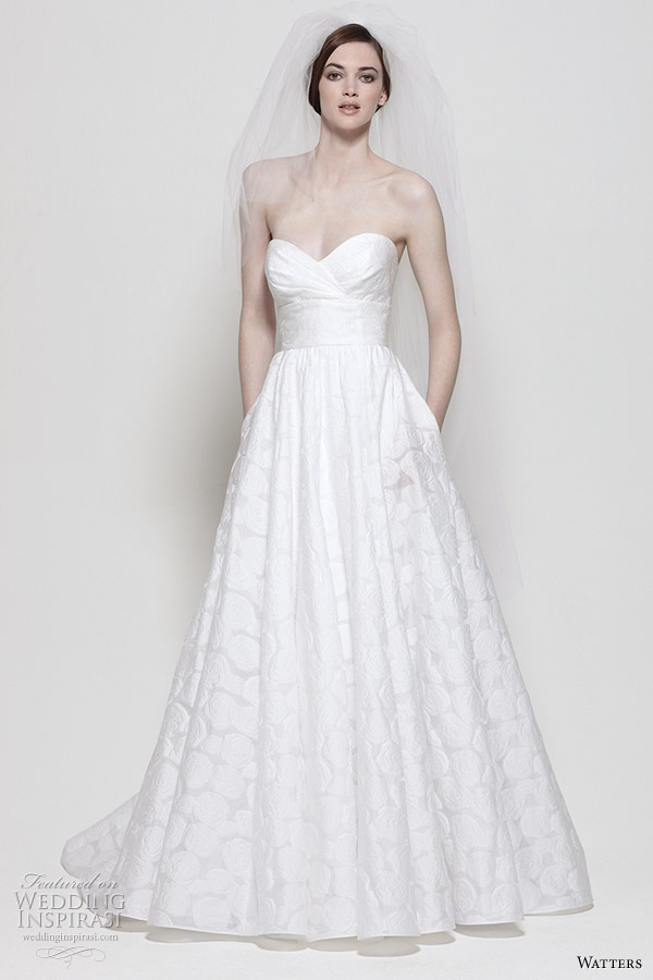 Watters wedding dresses 2011 Spring bridal colleciton - Mojave Diamond White Floral Burn-out gown with strapless sweetheart neckline, empire waist band with flower pin and full skirt. Watters wedding dresses 2011 Spring bridal colleciton - Mojave Diamond White Floral Burn-out gown with strapless sweetheart neckline, empire waist band with flower pin and full skirt.