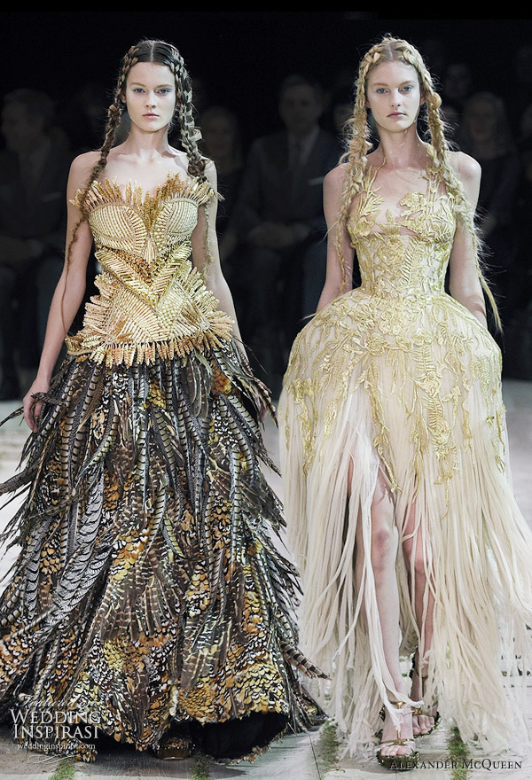 Alexander McQueen Spring/Summer 2011 ready to wear - gold wheat stalk and feather dress