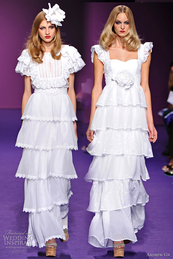 Andrew Gn 2011 Spring/Summer RTW collection - white eyelet wedding dress with ruffle and tiered skirt