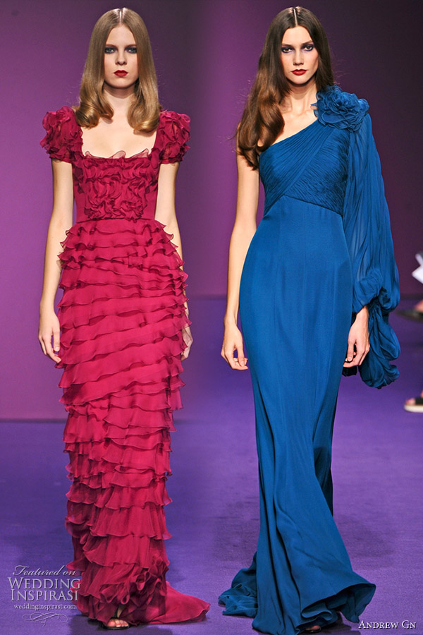 Andrew Gn 2011 Spring/Summer red ruffle tier dress and one-shoulder long-sleeve deep blue evening gown