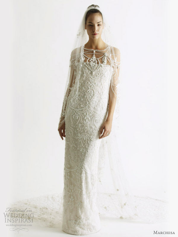 Marchesa wedding dress  Spring/Summer 2011 bridal collection - column or sheath gown with pearl straps