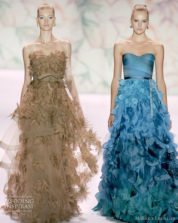Monique Lhuillier Spring/Summer 2011 ready to wear - brown and blue strapless dresses with flower skirt