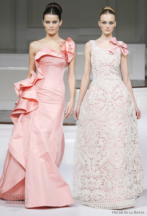 Oscar de la Renta Spring 2011 - salmon pink faille one shoulder gown with enlarged ruffle detail, pink ivory scoop neck threadwork embroidered gown with strap bow detail