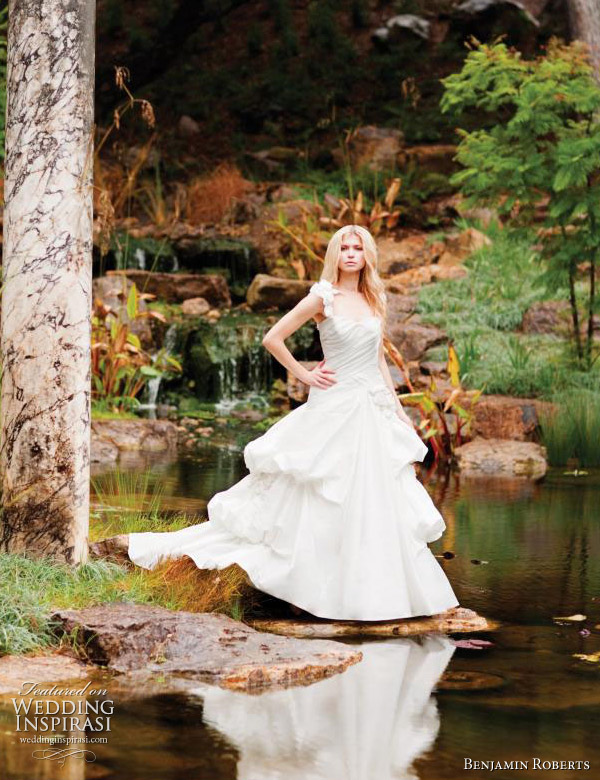 Romantic strapless ravello taffeta ‘bo peep’ gown with a full skirt of bouffant ruffles and roses - Benjamin Roberts 2011 wedding dresses