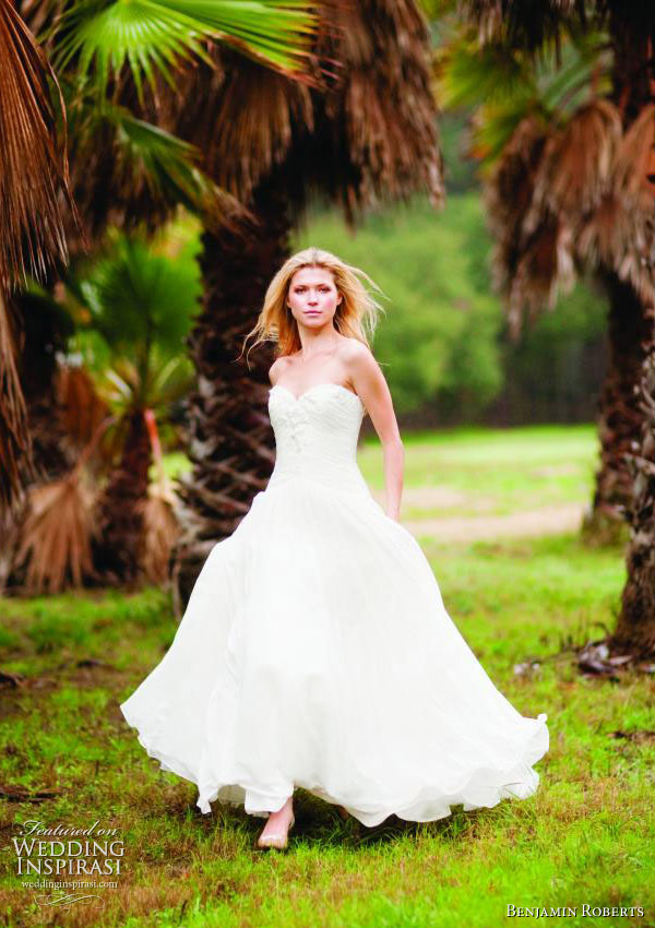 Benjamin Roberts wedding dress 2011 -A soft sweetheart strapless chiffon A line gown that drops to the floor in tiny pleats from the waist. 