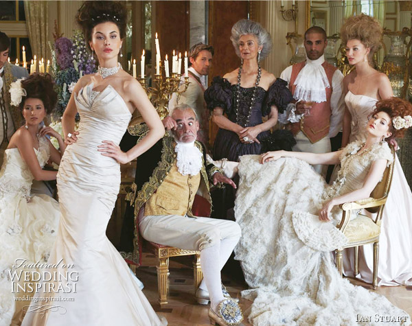 Marie Antoinette inspired bridal photo shoot for Ian Stuart 2011 wedding gowns -   Sydney (standing, foreground) and Lucrezia (seated with fan)