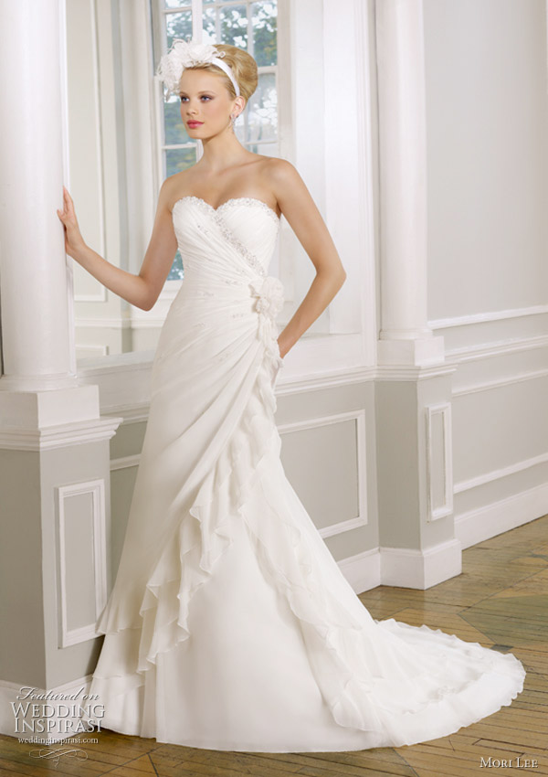 Mori Lee wedding gowns Spring 2011 - Delicate Chiffon with beading. Removable flowered brooch. 
