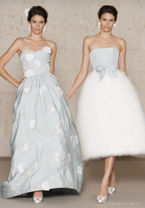 Oscar de la Renta wedding gowns 2011 Fall/Winter Bridal  - silk faille strapless gown with embroidered white carnations and accents of silver buillion, silk faille bodice dress with ivory swansdown skirt