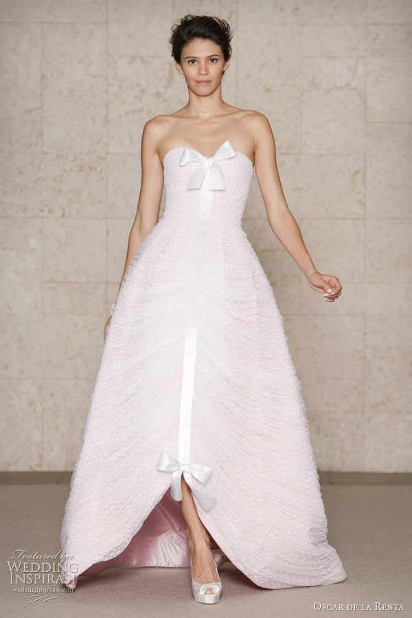 Oscar de la Renta pink wedding dress 2011 Fall/Winter Bridal collection - petal faille gown with white ruched tulle overlay