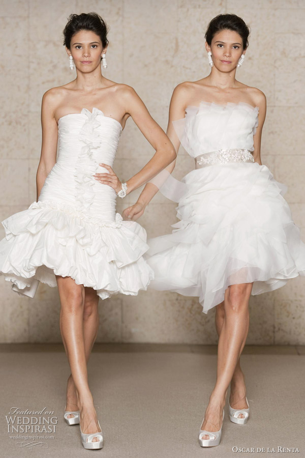 Oscar de la Renta short wedding dresses 2011 Fall/Winter Bridal collection - ruched silk taffeta dropped waist cocktail with 2 tiered balloon skirt, silk organza embroidered cocktail dress with spiral organza bands