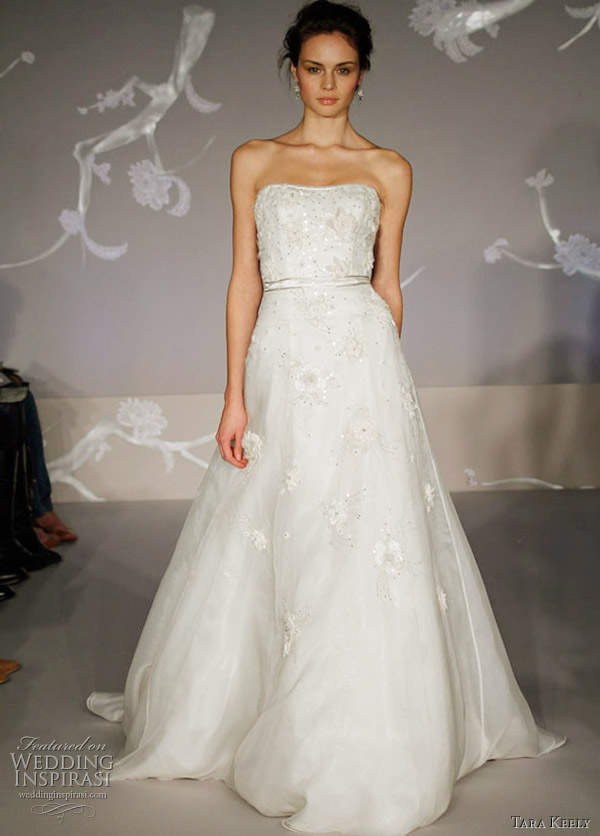 Tara Keely wedding gowns 2011 Spring Bridal collection - TK2102 Ivory silk organza modified A-line bridal gown with hand beaded and   embroidered floral appliqués on skirt. Strapless modified sweetheart neckline and chapel train.