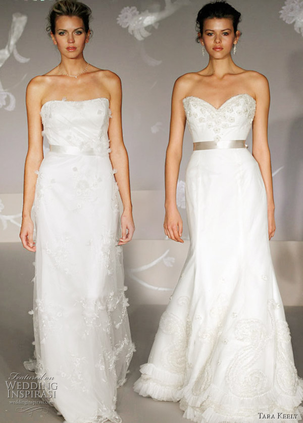 Tara Keely wedding dresses 2011 Spring Bridal collection - TK2104 Diamond white beaded and embroidered net over silk charmeuse bridal gown, TK2100 Ivory tulle trumpet bridal gown.