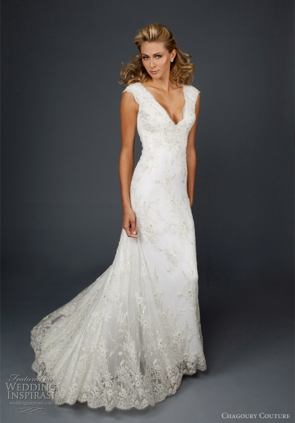 Chagoury Couture wedding dress 2010 - beaded chantilly lace v-neck long fitted gown 
