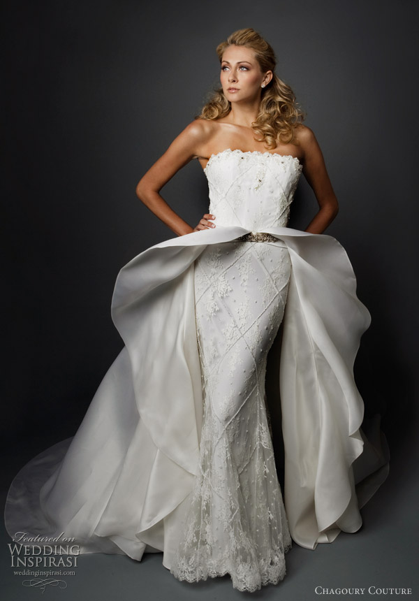 Chagoury Couture wedding dress 2010 - beaded diamond lace long dress with detachable organza skirt