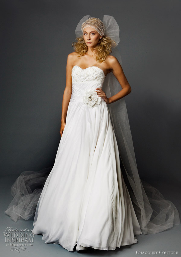 Chagoury Couture wedding dress 2010 - strapless wedding dress with beaded lace bodice and full satin chiffon skirt