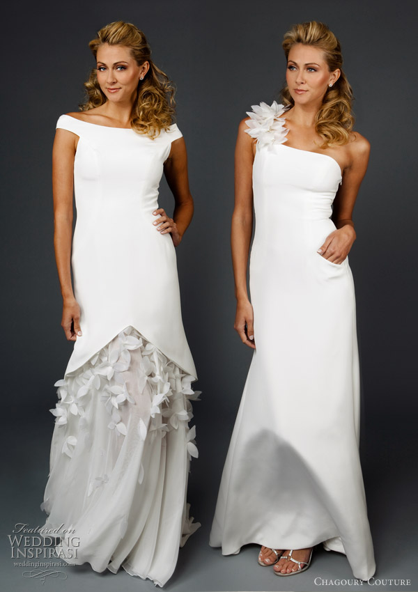 Off-shoulder wedding dress and one-shoulder wedding gown by Chagoury Couture