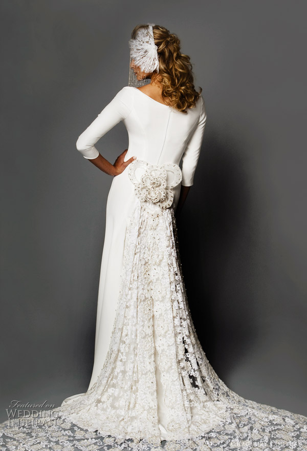 Chagoury Couture wedding dress -  v-neck 3/4 sleeve wedding gown with beaded lace train