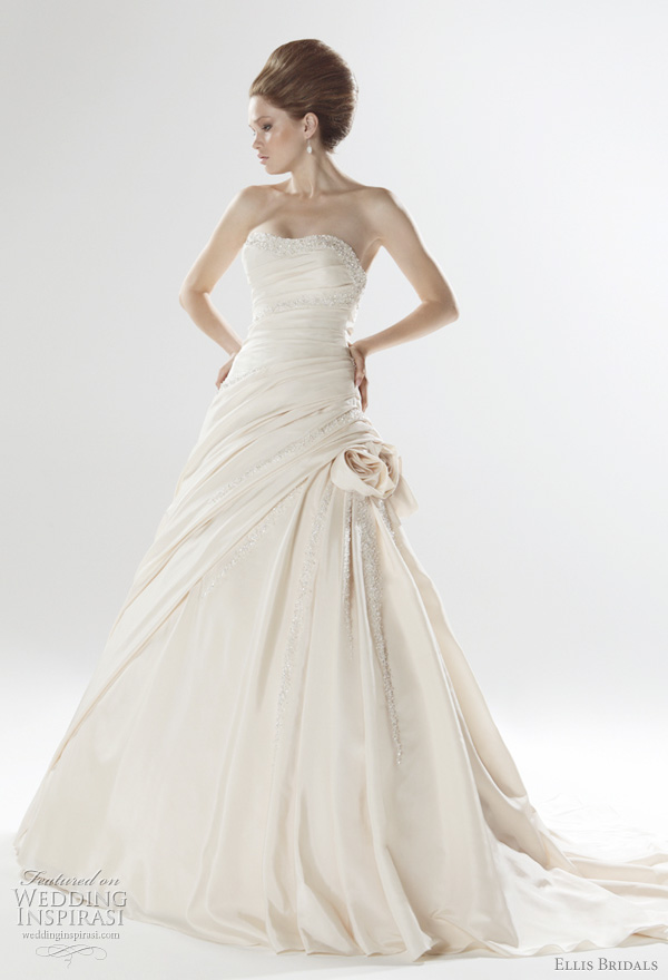 2011 color wedding dress from Ellis Bridals UK - pleated taffeta gown with crystal embellished and detachable twisted flowers