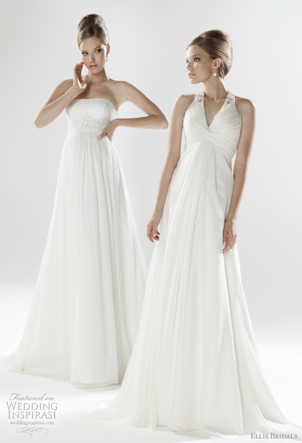 2011 Empire wedding dresses from Ellis Bridals UK - strapless pleated crinkle chiffon gown with contemporary crystal beaded empire line; Art Deco inspired embellished halterneck gown in pleated chiffon with button back detail 2011 Empire wedding dresses from Ellis Bridals UK - strapless pleated crinkle chiffon gown with contemporary crystal beaded empire line; Art Deco inspired embellished halterneck gown in pleated chiffon with button back detail