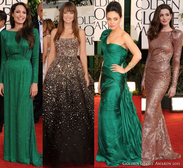 2011 Golden Globe Awards - Angelina Jolie in Atelier Versace emerald long sleeve gown, Olivia Wilde in Marchesa dark chocolate sequined ball gown, Mila Kunis in Vera Wang deep emerald one shoulder gown, Anne Hathaway in Armani Prive copper backless long sleeve gown