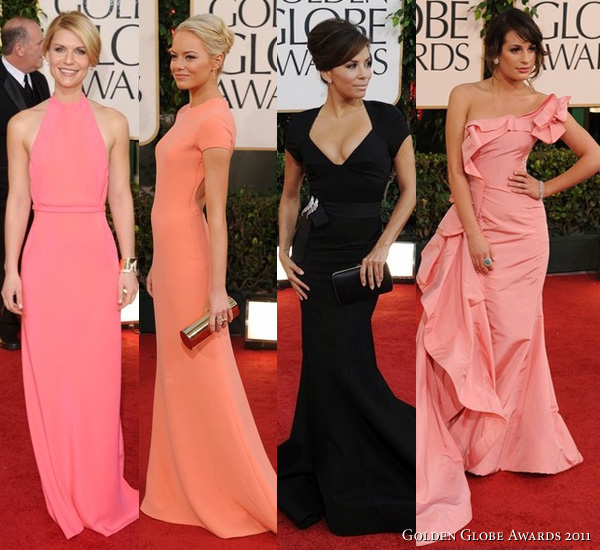 68th Annual Golden Globe Awards - Claire Danes in Neon Pink Calvin Klein, Emma Stone in fluorescent orange Calvin Klein, Eva Longoria in black Zac Posen, Lea Michele in pink Oscar de la Renta