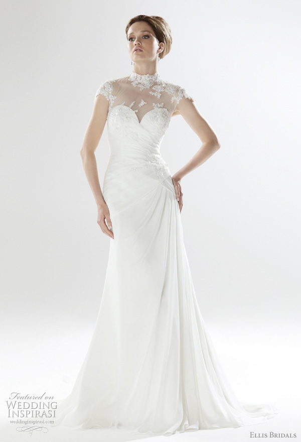 2011 Ellis Bridals UK wedding gowns - Embellished lace applique and chiffon gown with sheer neckline and button back 2011 Ellish Bridals UK wedding gowns - Embellished lace applique a2011 Ellis Bridals UK wedding gowns - Embellished lace applique and chiffon gown with sheer neckline and button back