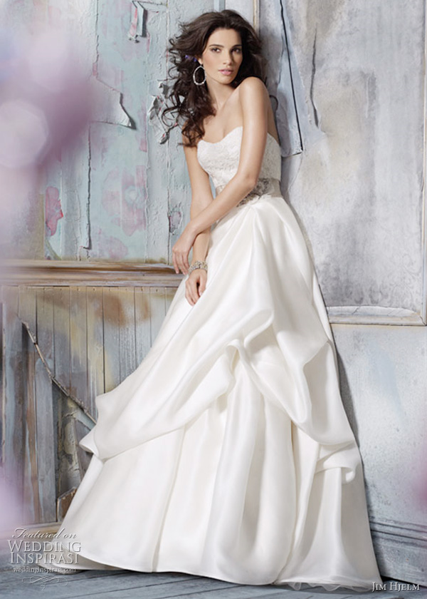 Jim Hjelm Spring 2011 Wedding Dress: Style jh8110 - Ivory Silk Faced Satin Organza bridal Ball gown, strapless Alencon lace bodice, Champagne moire ribbon accented with floral crystal detail, pick-up skirt, chapel train.