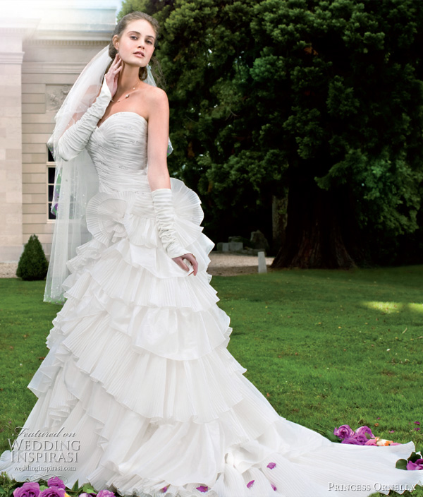 2011 Princess Ornella ruffle wedding dress with train worn with veil 