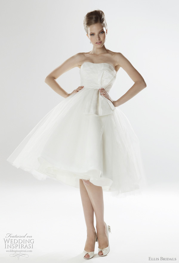 2011 knee-length wedding dress from Ellis Bridals UK London Collection - 50's style strapless tulle gown with embellished taffeta bow and crystal button back 2011 knee-length wedding dress from Ellis Bridals UK London Collection - 50's style strapless tulle gown with embellished taffeta bow and crystal button back