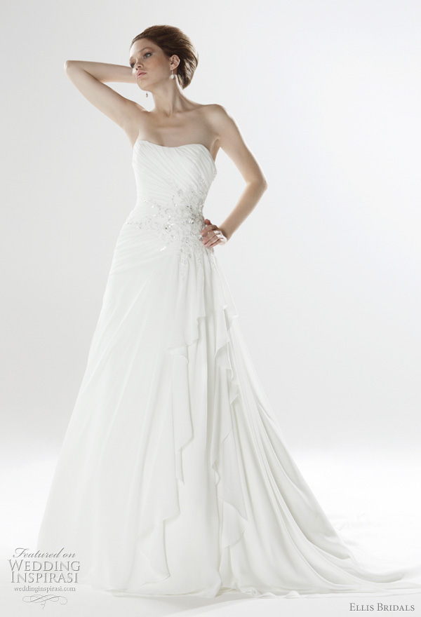 Strapless pleated chiffon gown with asymmetric skirt and crystal embellishment, from Ellis Bridals 2011 London Collection