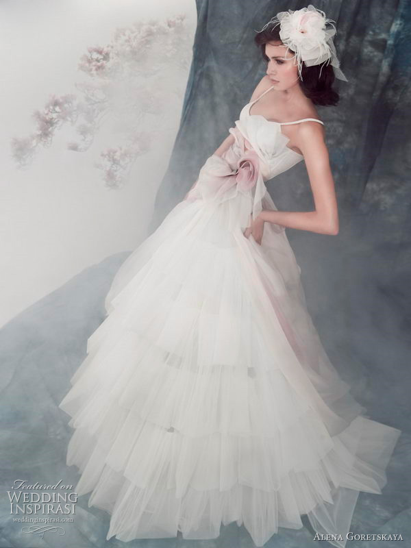 Angelica wedding dress with with pastel organza pale mauve flowers from Alena Goretskaya 2011 bridal collection