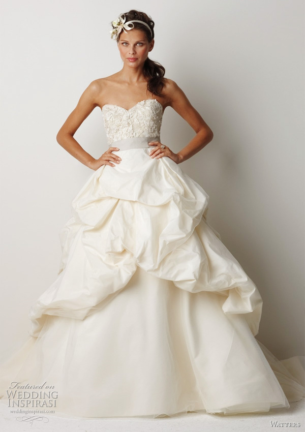 Watters 2011 wedding dress collection - Belmont Ivory silk taffeta sculpted strapless ball gown with vintage lace inspired beading and embroidery on bodice. Bodice and skirt have subtle ivory tulle overlay, oyster grosgrain ribbon at waist, top skirt is fully bustled, with a 65" chapel train. Watters 2011 wedding dress collection - Belmont Ivory silk taffeta sculpted strapless ball gown with vintage lace inspired beading and embroidery on bodice. Bodice and skirt have subtle ivory tulle overlay, oyster grosgrain ribbon at waist, top skirt is fully bustled, with a 65" chapel train.