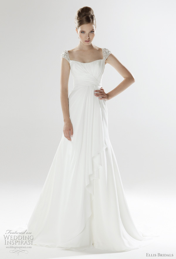 Ellis Bridals 2011 London bridal collection wedding dress - pleated and draped chiffon gown with crystal embellished straps