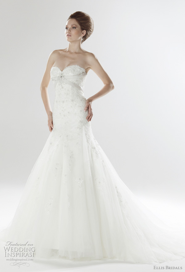 Sweetheart neckline fishtail gown with lace embellished tulle, crystal details and duchess satin lace-up back, from Ellis Bridals UK 2011 London Bridal Collection Sweetheart neckline fishtail gown with lace embellished tulle, crystal details and duchess satin lace-up back, from Ellis Bridals UK 2011 London Bridal Collection