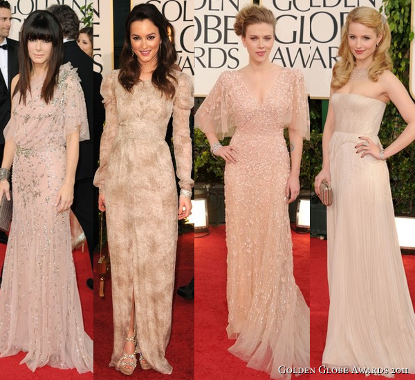 2011 Golden Globes red carpet - Sandra Bullock in Jenny Packham one shoulder gown , Leighton Meester in beige printed Burberry Prorsum Pre-Fall 2011 dress, Scarlett Johansson in nude Elie Saab Spring 2011 gown, Dianna Agron in J. Mendel beige silk chiffon pleated beaded strapless gown with peplum
