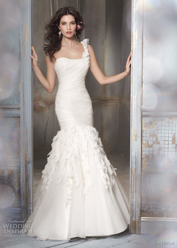 Jim Hjelm Spring 2011 Wedding Dresses, Bridal Gowns: Style jh8108 - Ivory Silk Organza Trumpet bridal gown, one shoulder draped elongated bodice, chiffon, lace and crystal cascade skirt, chapel train