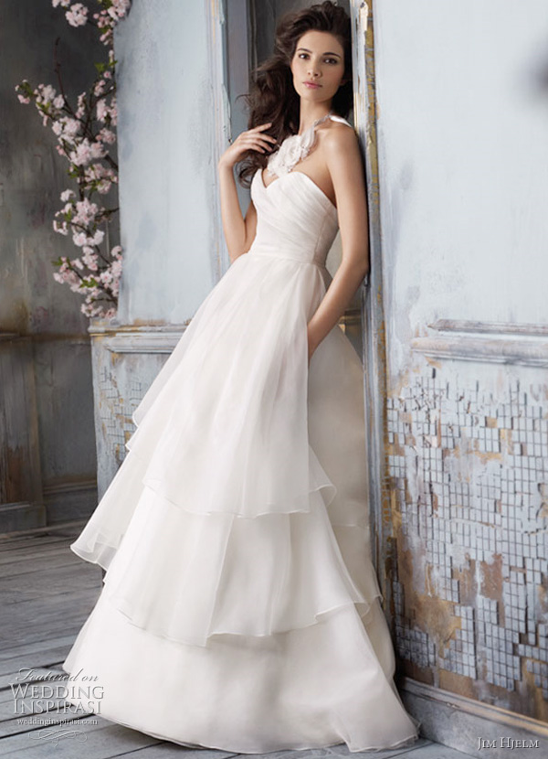 Jim Hjelm Bridal Gowns, Wedding Dresses: Style jh8100 - Ivory Silk Organza bridal Ball gown, strapless draped bodice, sweetheart neckline, natural waist, irregular three tiered skirt, chapel train. Organza wrap top with pleated ruffle Organza neckline. Floral crystal chiffon neck piece with satin ribbon.