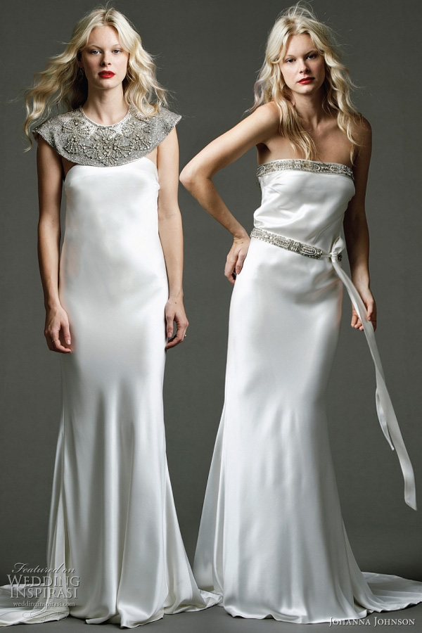 Lila II - heavy silk gown with exclusive hand beaded "Lancaster" shoulder cape; Lila - heavy silk column gown with exclusive hand beaded neckline and silk belt detailing from Johanna Johnson Australia 2011 bridal collection