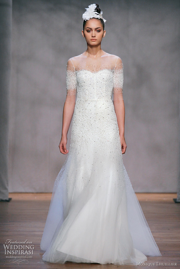 Monique Lhuillier Nightingale wedding dress - silk white stardust embellished tulle illusion neckline gown with trumpet skirt, from the Fall 2011 Platinum bridal collection