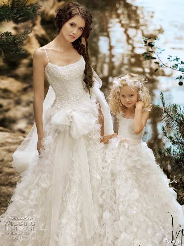 Papilio Forest Dreams 2011 bridal collection wedding gowns - Dune dress with spaghetti straps and matching flower girl dress with pink bow