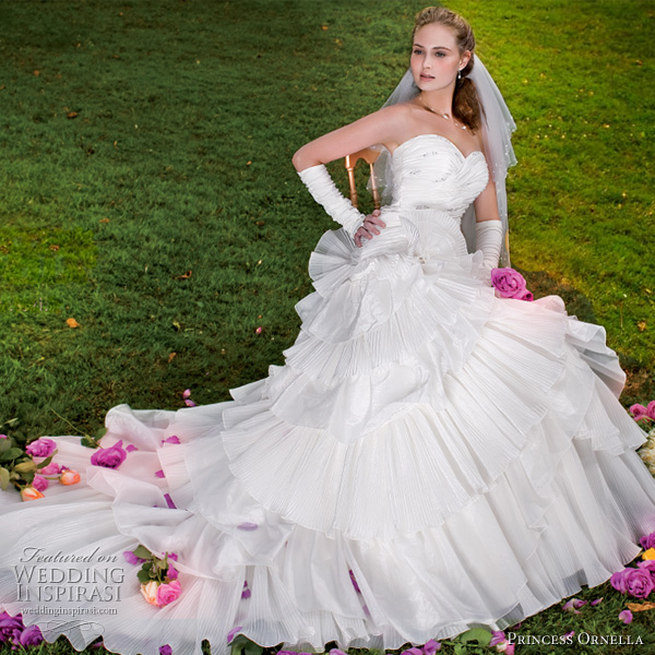 Princess Ornella 2011 bridal collection - strapless white wedding gown, worn with gloves and veil Princess Ornella 2011 bridal collection - strapless white wedding gown, worn with gloves and veil