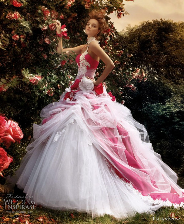 2011 red and white ball gown wedding dress  by Jillian Sposa bridal collection