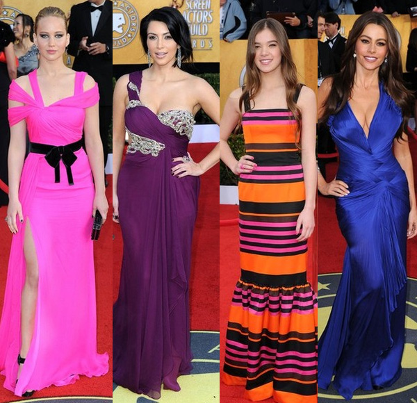 SAG awards 2011 red carpet fashion- Jennifer Lawrence in bright pink Oscar de la Renta gown, Kim Kardashian in purple one shoulder Marchesa dress, 14 year old Hailee Steinfeld striped Prada dress, Sofia Vergara in striking blue Roberto Cavalli dress