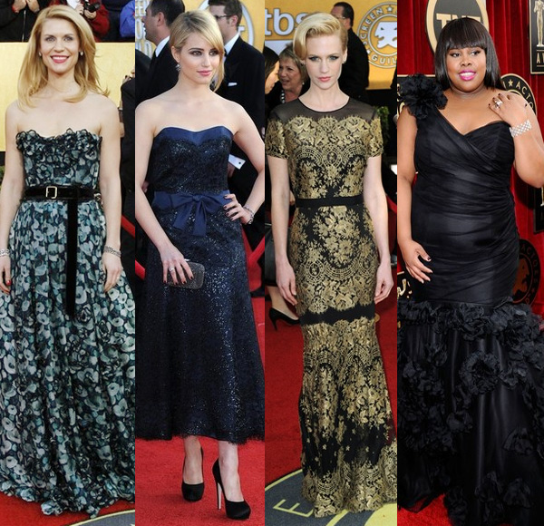 2011 SAG awards red carpet fashion - SAG Winner Claire Danes in Louis Vuitton gown, Glee's Diana Agron in navy strapless Chanel couture, Amber Riley in one-shoulder Anne Barge, Mad Men's January Jones Carolina Herrera. The Screen Actors Guild award for Outstanding actress in a miniseries goes to Claire Danes for her role in Temple Grandin