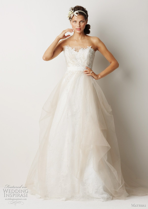 Watters Fall 2011 collection wedding dress  -  Sydney Ivory sculpted strapless antique rose patterned, re-embroidered lace dress with oatmeal tulle overlay and ivory lace appliqué on bodice. Waist is accentuated with ivory grosgrain ribbon and train is 58" Sweep train. 