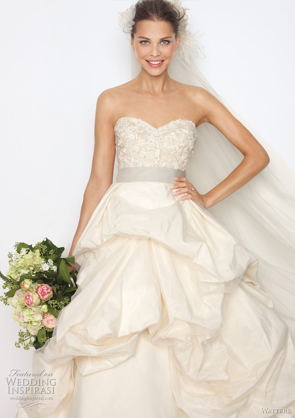 2011 ball gown wedding dress from Watters bridal collection - Belmont Ivory silk taffeta sculpted strapless ball gown with vintage lace inspired beading and embroidery on bodice. Bodice and skirt have subtle ivory tulle overlay, oyster grosgrain ribbon at waist, top skirt is fully bustled, with a 65" chapel train. 2011 ball gown wedding dress from Watters bridal collection - Belmont Ivory silk taffeta sculpted strapless ball gown with vintage lace inspired beading and embroidery on bodice. Bodice and skirt have subtle ivory tulle overlay, oyster grosgrain ribbon at waist, top skirt is fully bustled, with a 65" chapel train.