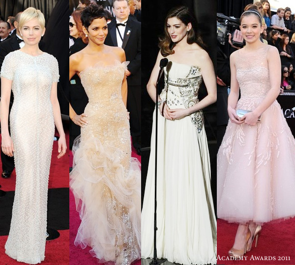 2011 oscars red carpet looks - Michelle Williams in Chanel Couture, Halle Berry in Marchesa, Anne Hathaway on stage presenting in Givenchy by Riccardo Tisci, hailee steinfeld in ballet length marchesa