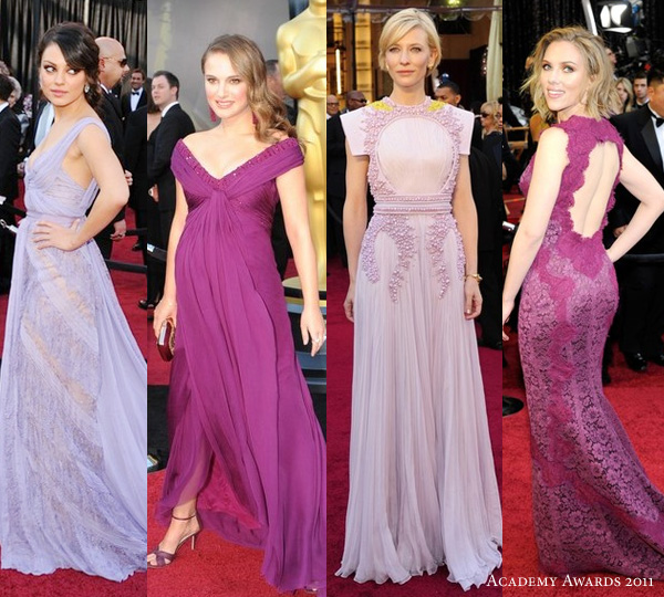 2011 oscars red carpet looks - Purple Reign: Mila Kunis in lavender Elie Saab, best actress Natalie Portman in deep plum Rodarte, Cate Blanchett in Givenchy couture, Scarlett Johansson in Dolce & Gabbana lace gown with cutout back