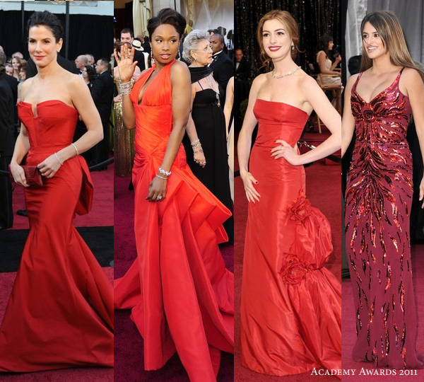 2011 oscars red carpet dresses - Fiery Hot Gowns: Sandra Bullock in Vera Wang, Jennifer Hudson in Atelier Versace, Anne Hathaway in Valentino, Penelope Cruz in L'Wren Scott at the 83rd Annual Academy Awards 